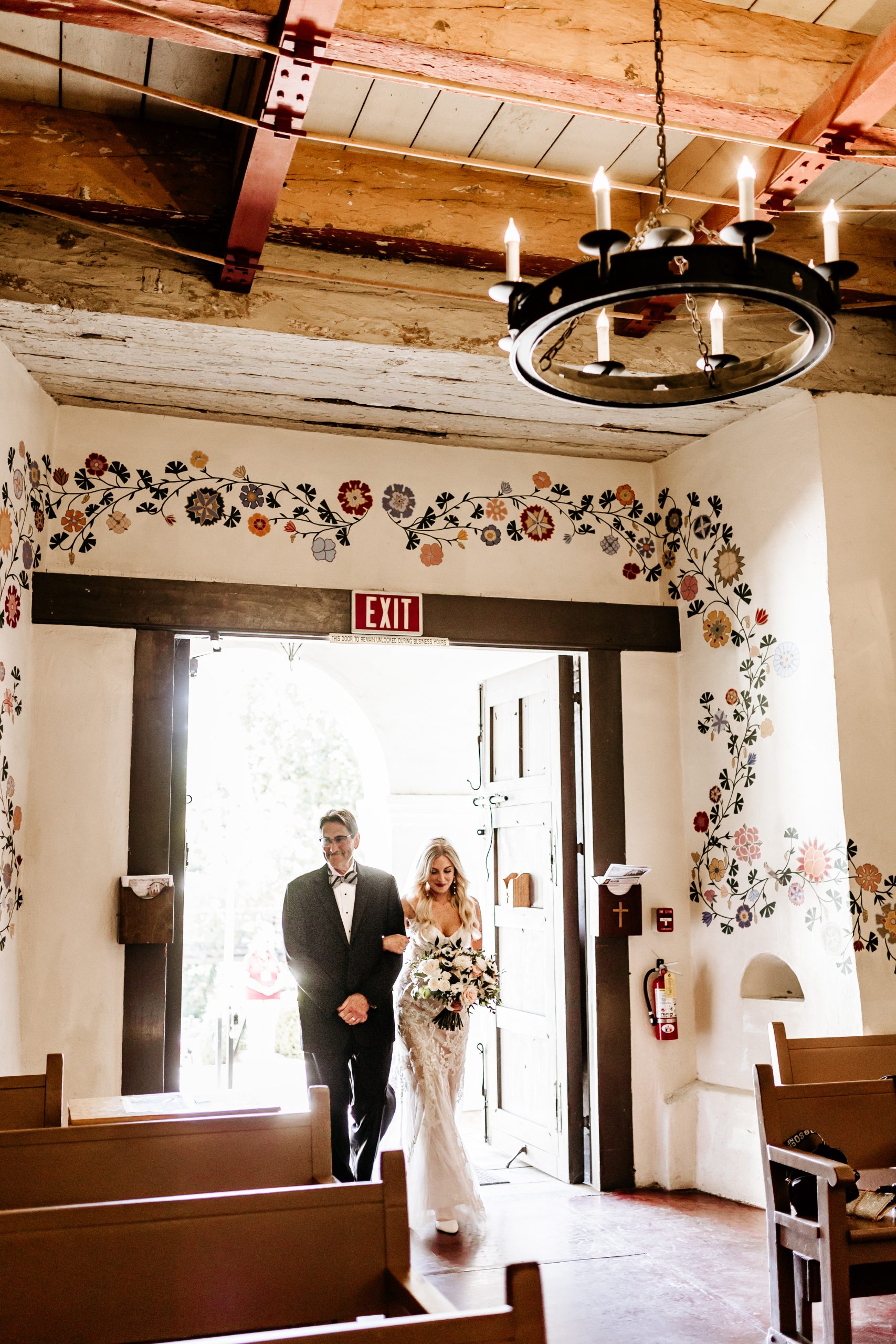 Bride walking in San Luis Obispo Mission wedding Cecelia Catena and Alex Ramirez Wedding San Luis Obispo California
